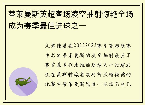 蒂莱曼斯英超客场凌空抽射惊艳全场成为赛季最佳进球之一